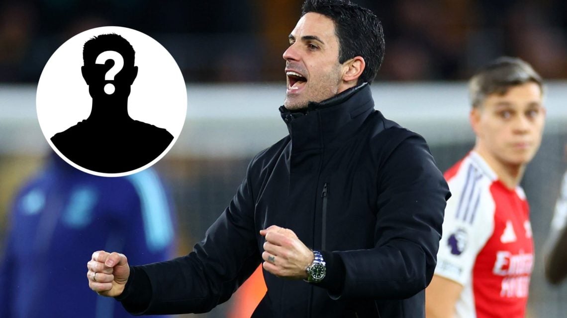 Image of Arsenal manager Mikel Arteta celebrating against Wolverhampton Wanderers with inset of mystery player