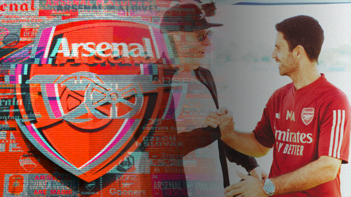 Composite image of Stan Kroenke, Mikel Arteta and the Arsenal badge