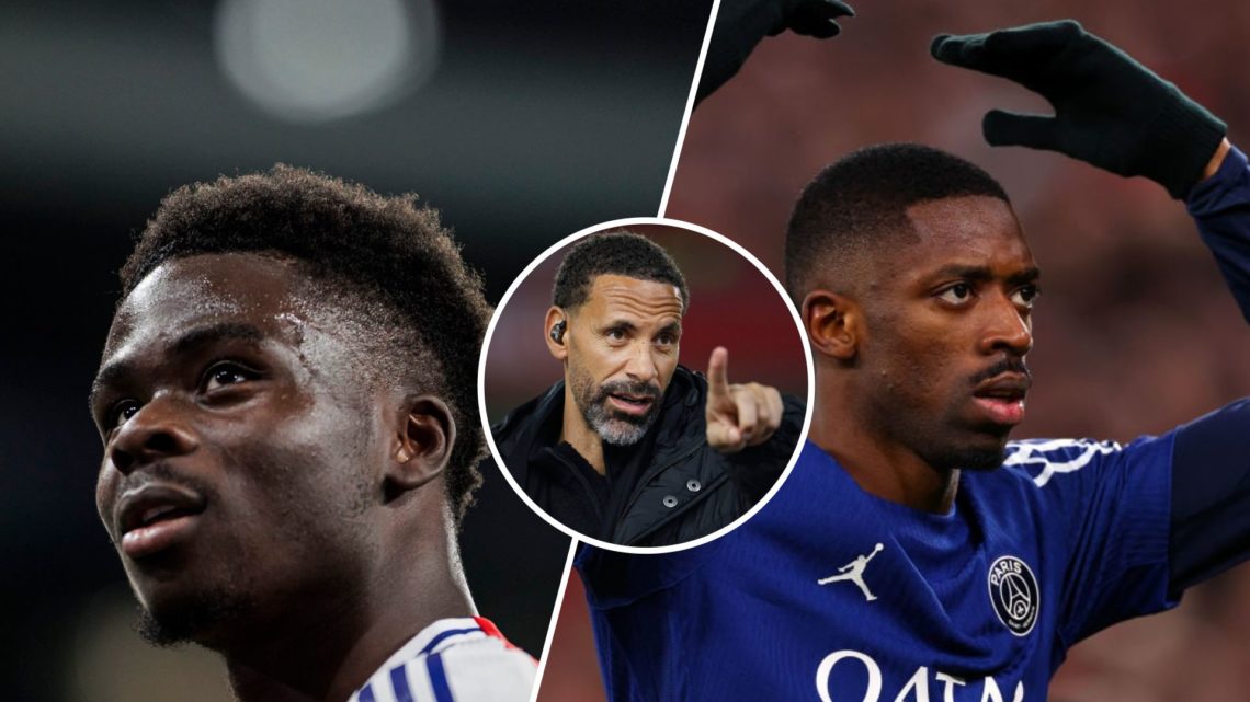 Split Image of Bukayo Saka of Arsenal and Ousmane Dembele of Paris Saint-Germain with inset of Rio Ferdinand, TV Pundit