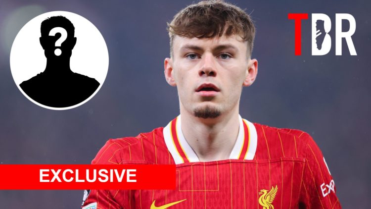 Conor Bradley of Liverpool with insets of a mystery player, TBR Logo and Exclusive Banner