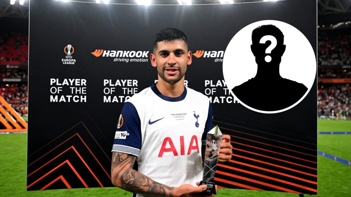 Cristian Romero of Tottenham Hotspur poses for a photo with the Player Of The Match award with inset of mystery player