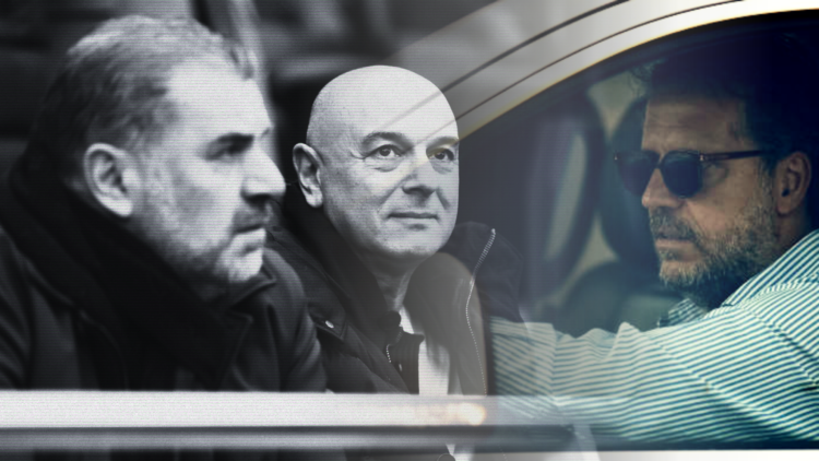Composite image of Tottenham chairman Daniel Levy and manager Ange Postecoglou in black and white, faded into image of Fabio Paratici,