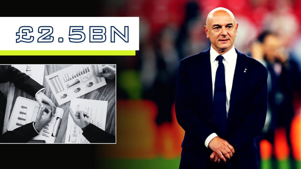 Tottenham chairman Daniel Levy stands on the pitch after Europa League final victory, split image with stock photo of business talks inset and '£2....
