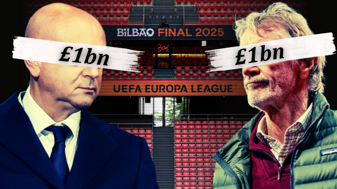 Composite of Manchester United co-owner Sir Jim Ratcliffe and Tottenham chairman Daniel Levy superimposed over a general view of the inside of San ...