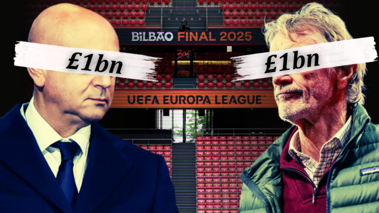 Composite of Manchester United co-owner Sir Jim Ratcliffe and Tottenham chairman Daniel Levy superimposed over a general view of the inside of San ...