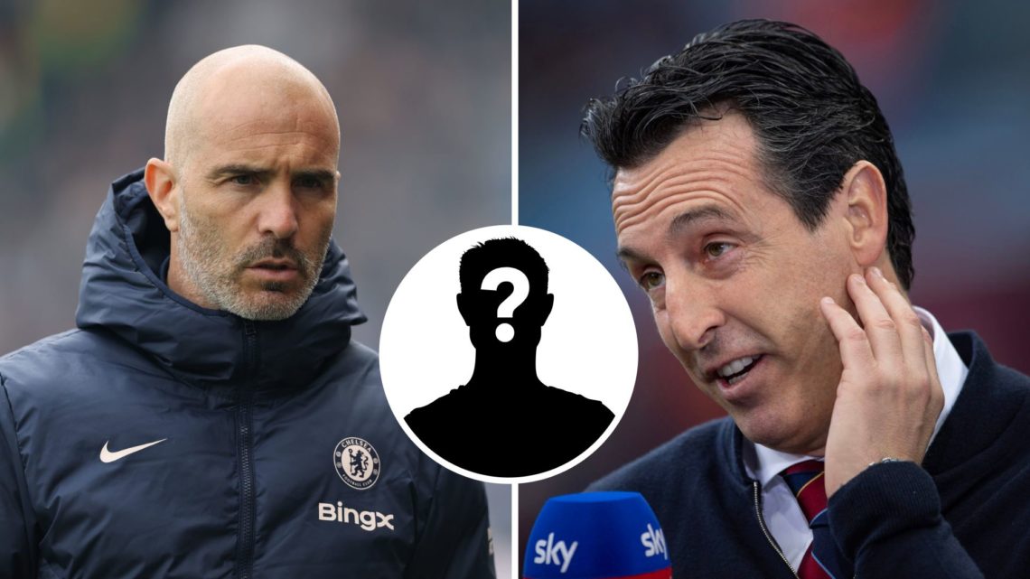 Split Image of Enzo Maresca, Manager of Chelsea and Unai Emery is interviewed by Sky Sports with inset and mystery player