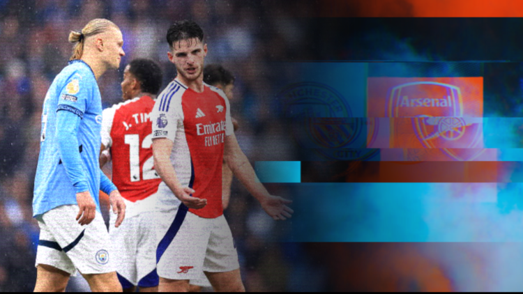 Composite image if Arsenal and Manchester City badges, with Erling Haaland and Declan Rice