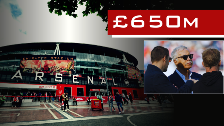 External view of the Emirates Stadium, split image with Arsenal owner Stan Kroenke and '£650m' banner