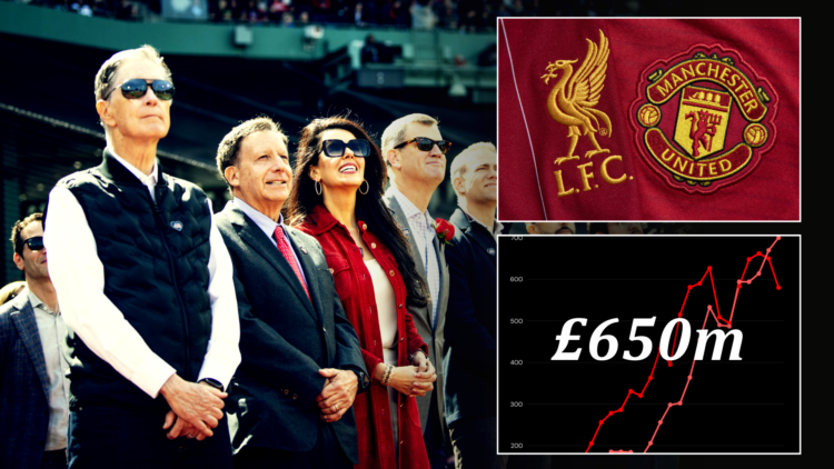 John Henry, Linda Pituzzi, Tom Werner and other members of FSG line up in a row, split image with Manchester United and Liverpool badges and financ...