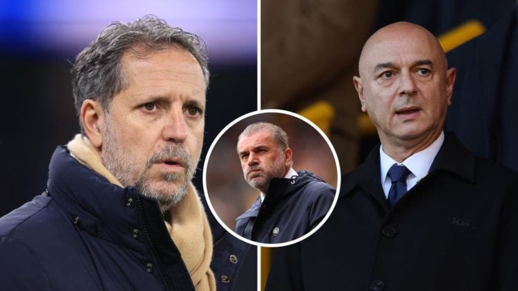 Fabio Paratici looks on during Premier League match and Daniel Levy, the Chairman of Tottenham Hotspur with inset of Ange Postecoglou