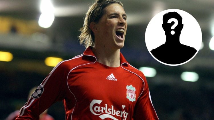 Fernando Torres celebrating after scoring for Liverpool FC against Porto with inset of mystery player