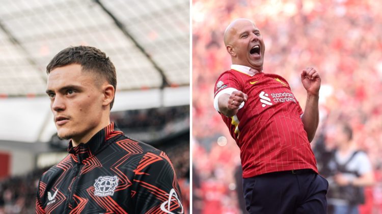 Split Image of Florian Wirtz of Bayer 04 Leverkusen and Arne Slot, Manager of Liverpool celebrating against Tottenham Hotspur