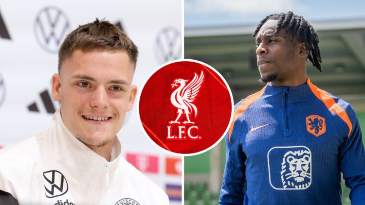 Split image of Florian Wirtz of Germany during a press conference and Jeremie Frimpong from The Netherlands during training with inset of Liverpool...