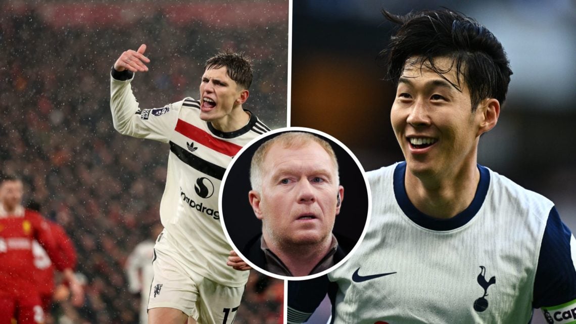 Split Image of Alejandro Garnacho of Manchester United and Son Heung-min of Tottenham Hotspur FC with inset of TNT Sports pundit Paul Scholes