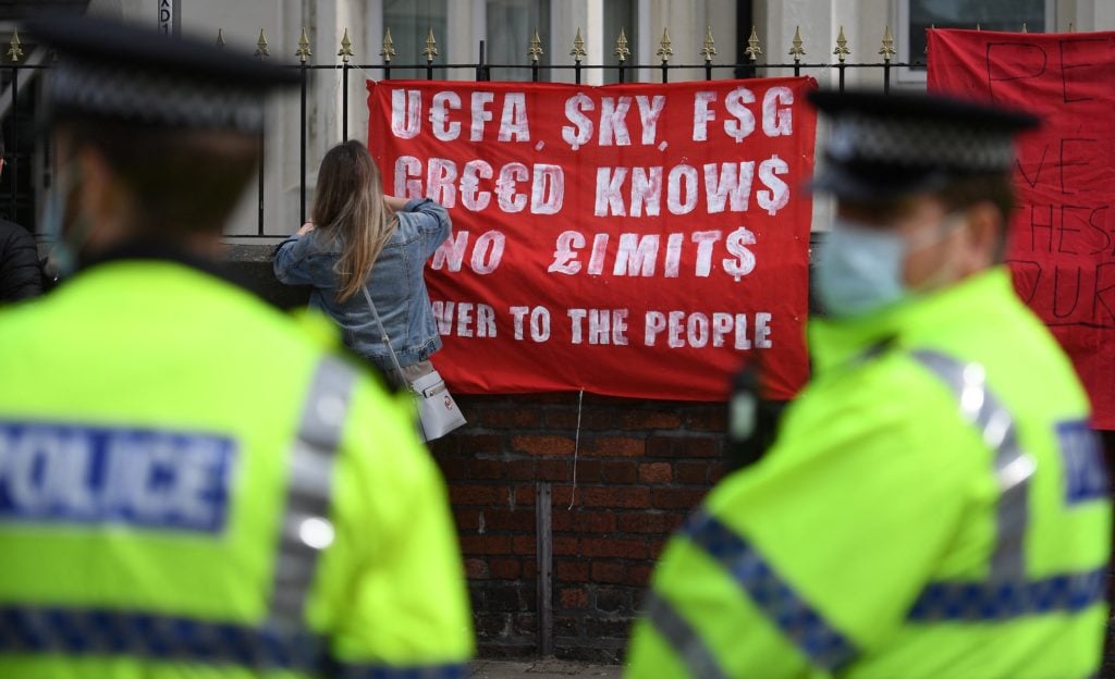 Liverpool fans protest the European Super League breakaway plot in April 2021