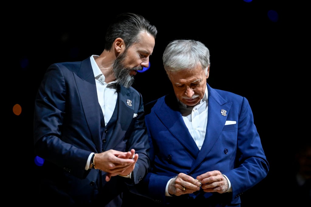 Arsenal owners Stan Kroenke and Josh Kroenke in discussion