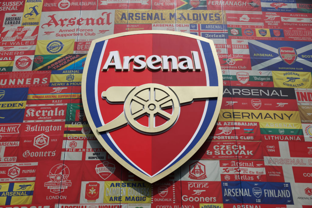 Detailed view of the Arsenal badge ahead of the Premier League match between Arsenal FC and Wolverhampton Wanderers FC at Emirates Stadium on August 17, 2024