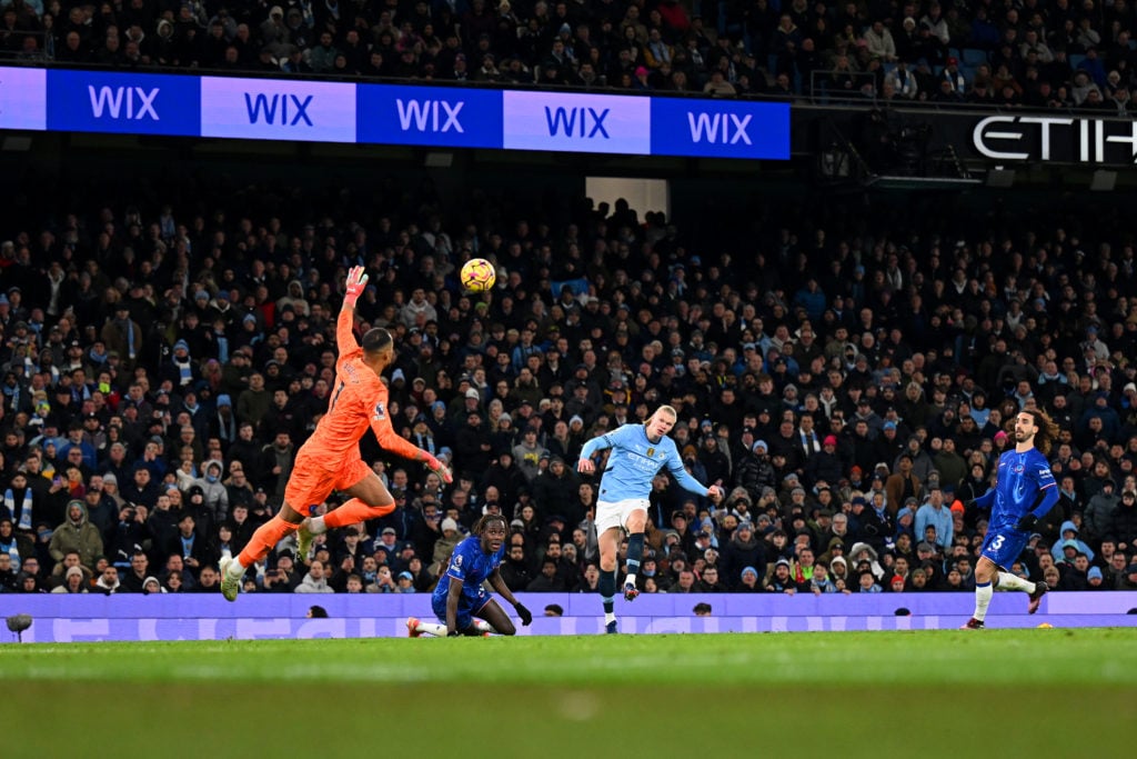 Manchester City striker Erling Haaland in action against Chelsea