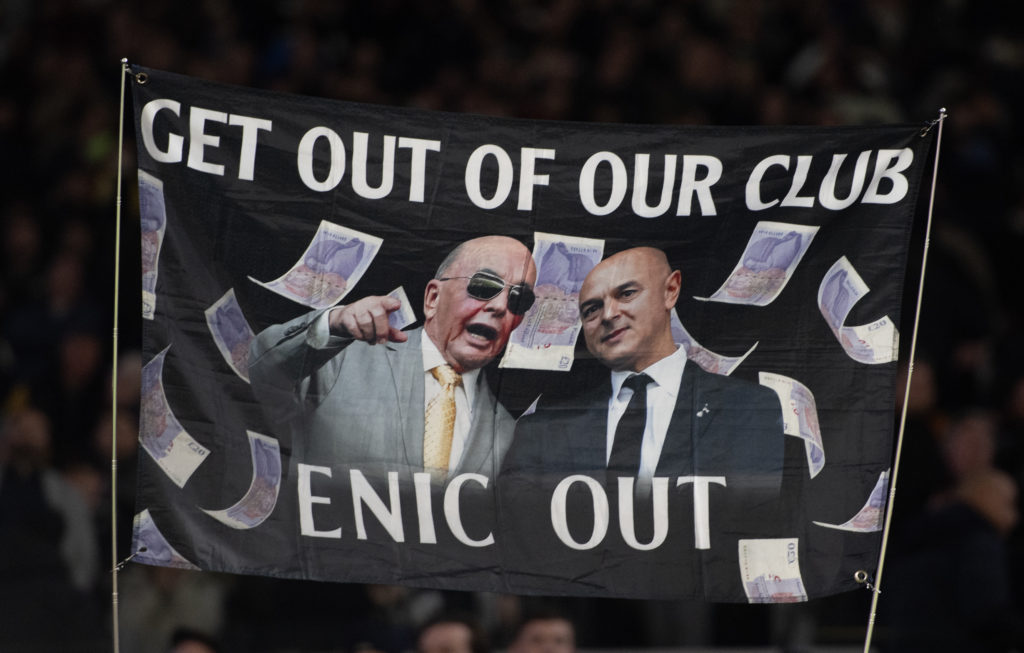 A banner protesting the ownership of Daniel Levy and ENIC is displayed by fans at a Tottenham match