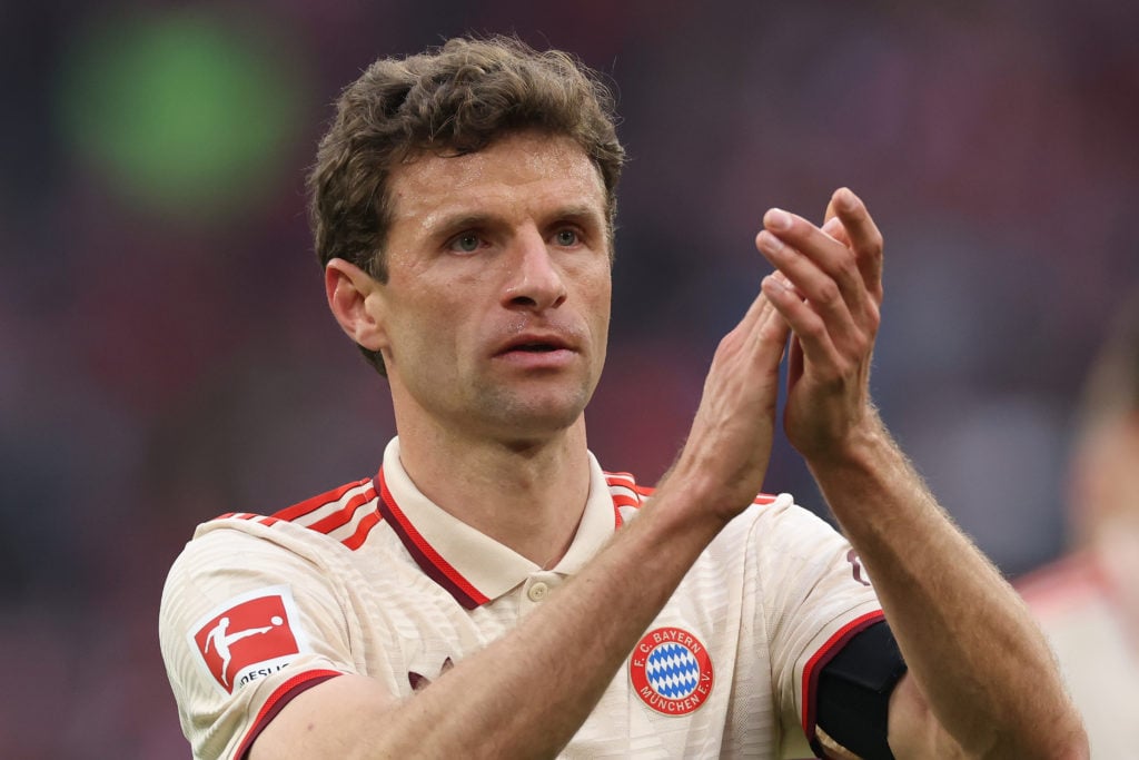 Thomas Muller applauds fans after Bayern Munich's match against St. Pauli