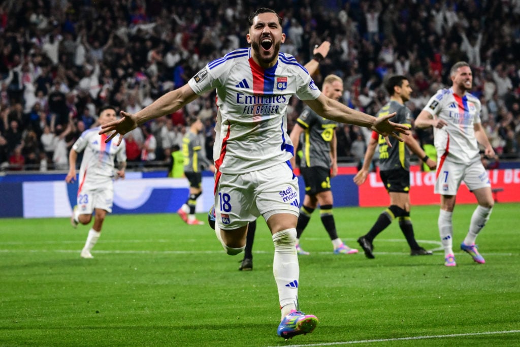 Image of Rayan Cherki celebrating after scoring a goal for Olympique Lyon