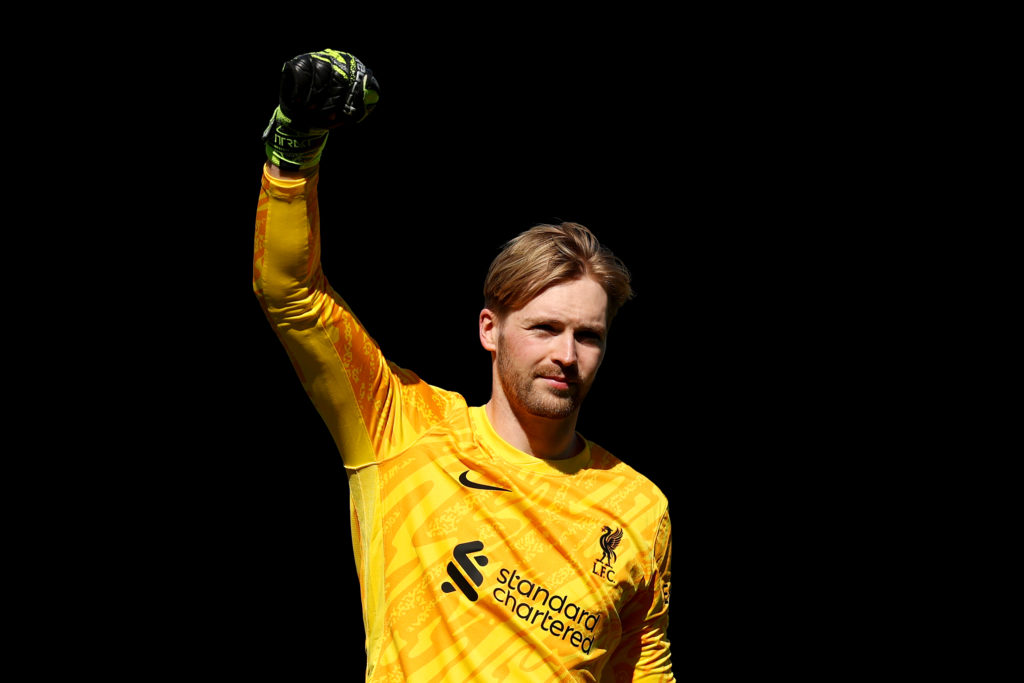 Caoimhin Kelleher celebrating Alexis Mac Allister's goal vs Fulham