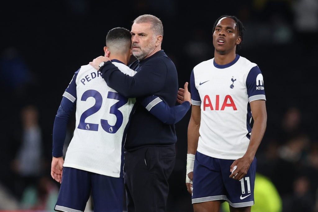 Ange Postecoglou and Pedro Porro after Tottenham Hotspur FC v Nottingham Forest FC - Premier League