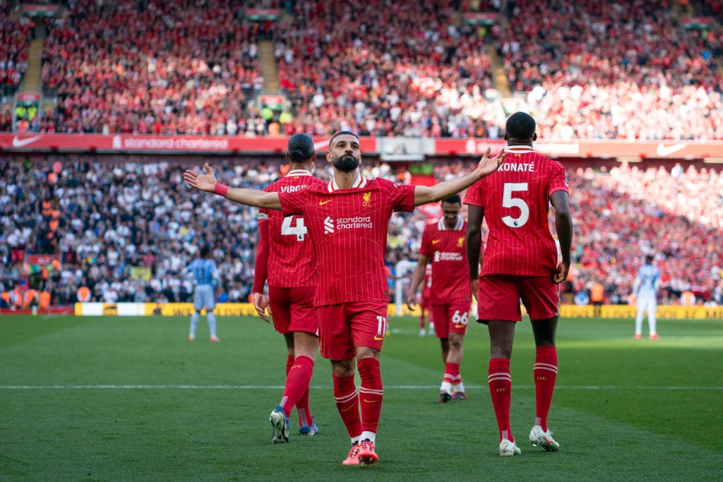 Liverpool forward Mohamed Salah celebrates after scoring against Tottenham Hotspur