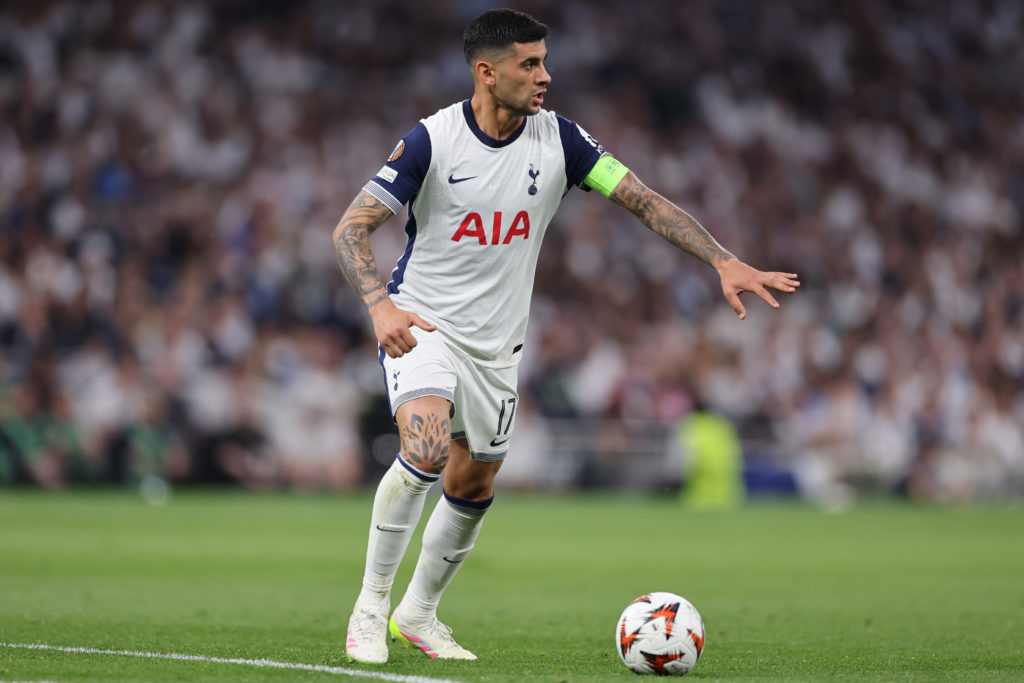 Cristian Romero in action during Tottenham Hotspur vs FK Bodo/Glimt in the UEFA Europa League Semi Final First Leg.