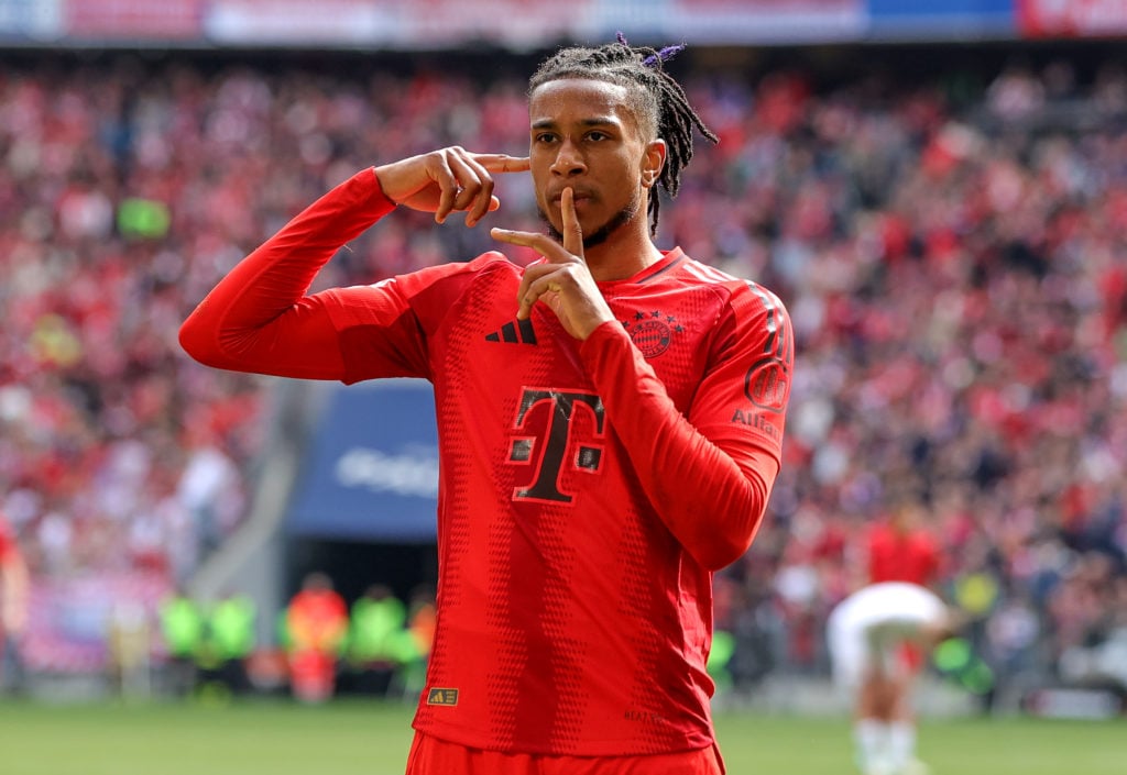 Michael Olise celebrates a goal for Bayern Munich.