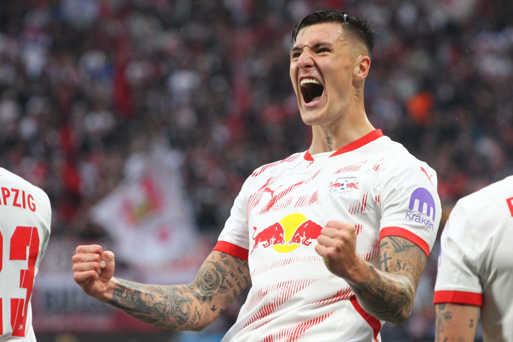 Benjamin Sesko during a Bundesliga match for RB Leipzig.