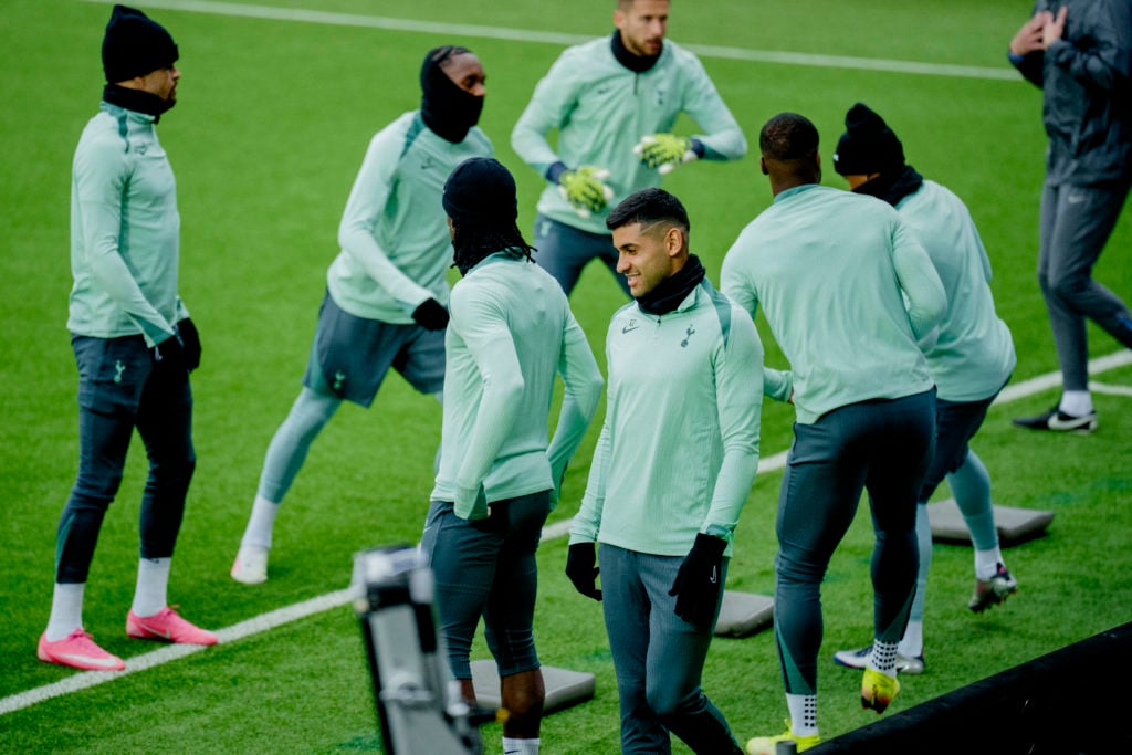 Cristian Romero during Tottenham training session ahead of Europa League match.