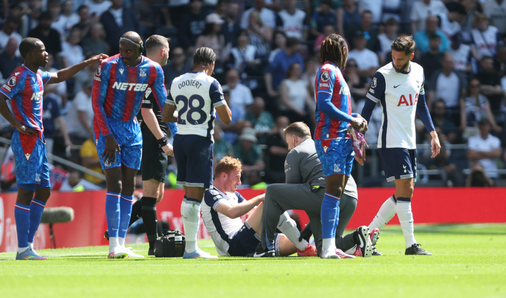 Dejan Kulusevski goes down injured during Tottenham Hotspur FC v Crystal Palace FC - Premier League