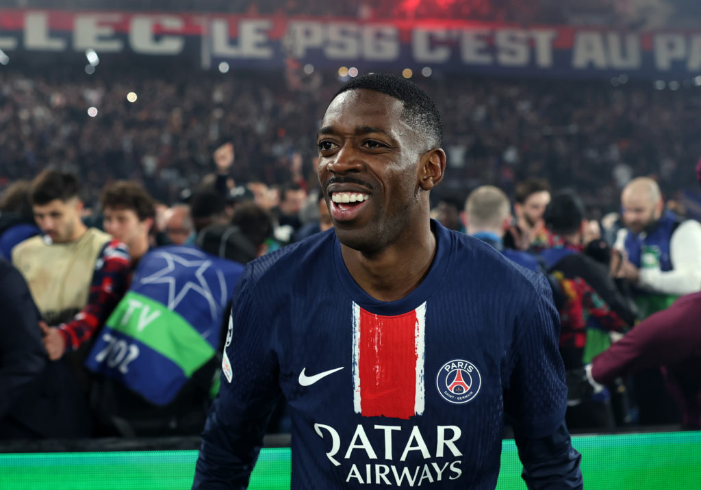 Ousmane Dembele celebrating PSG's win against Arsenal.