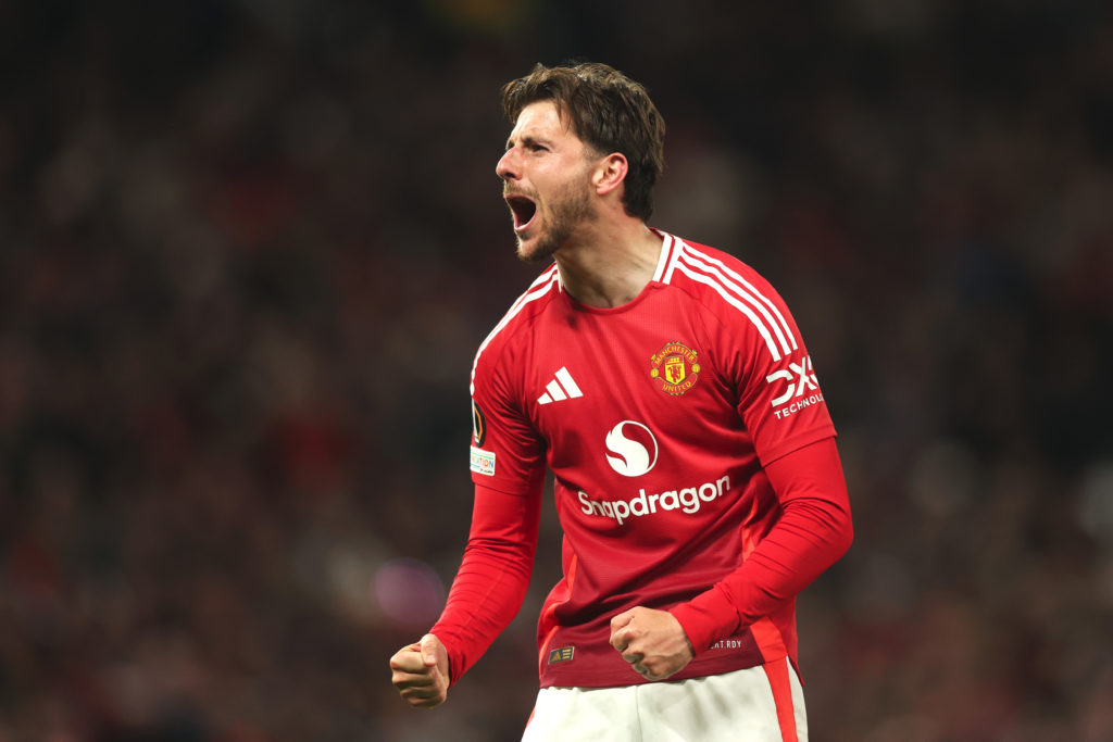 Mason Mount celebrates a goal during Manchester United v Athletic Club - UEFA Europa League 2024/25 Semi Final Second Leg