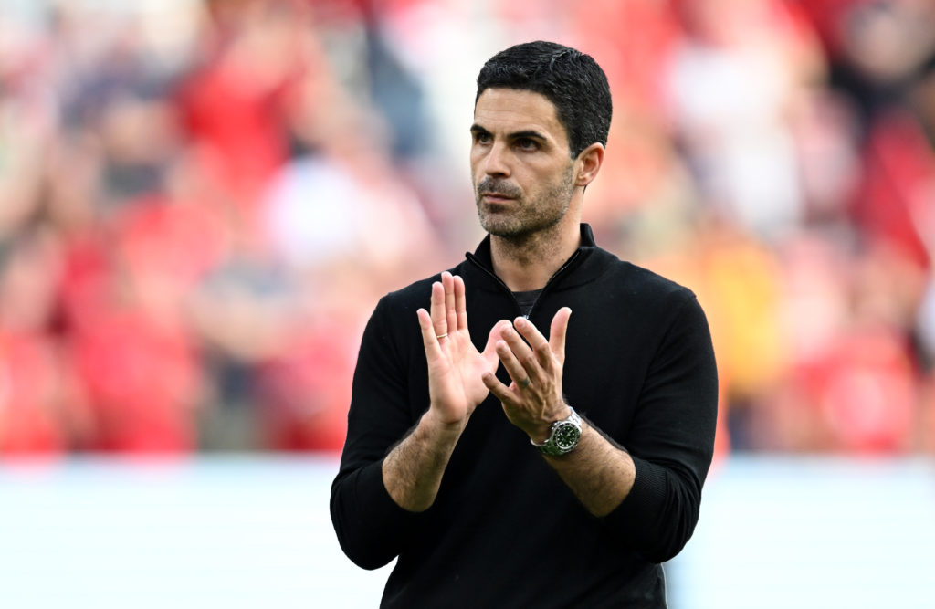 Mikel Arteta applauding the fans after draw against Liverpool.