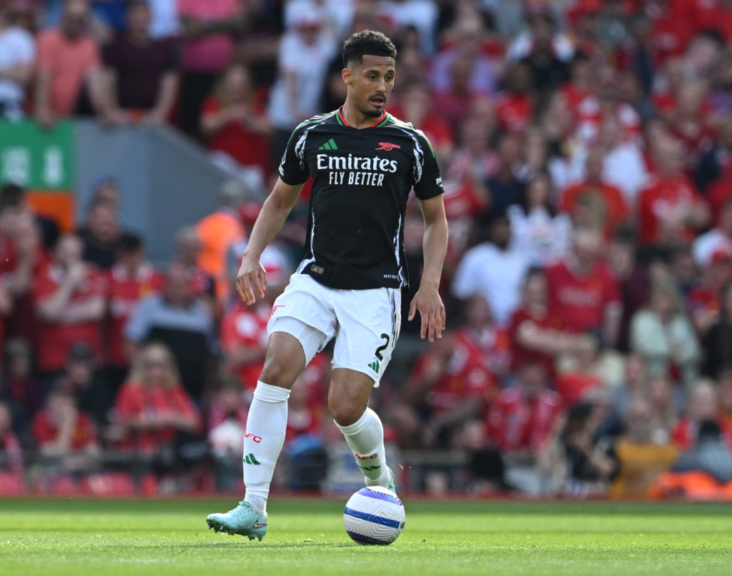 William Saliba in action for Arsenal vs Liverpool.