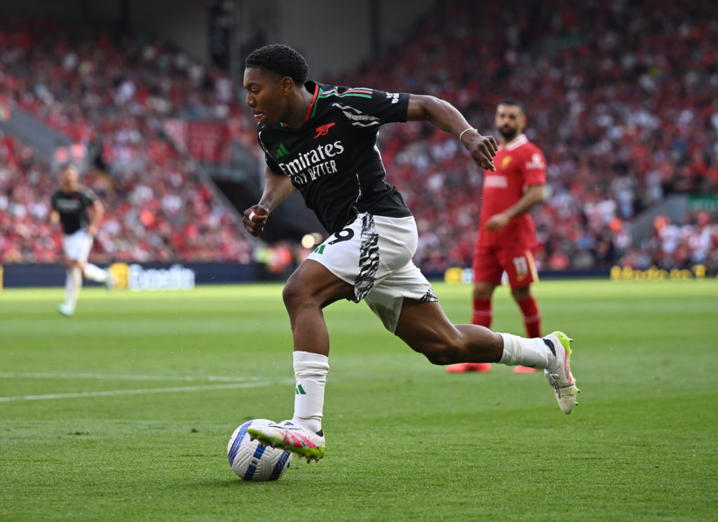 Myles Lewis-Skelly in action for Arsenal against Liverpool.