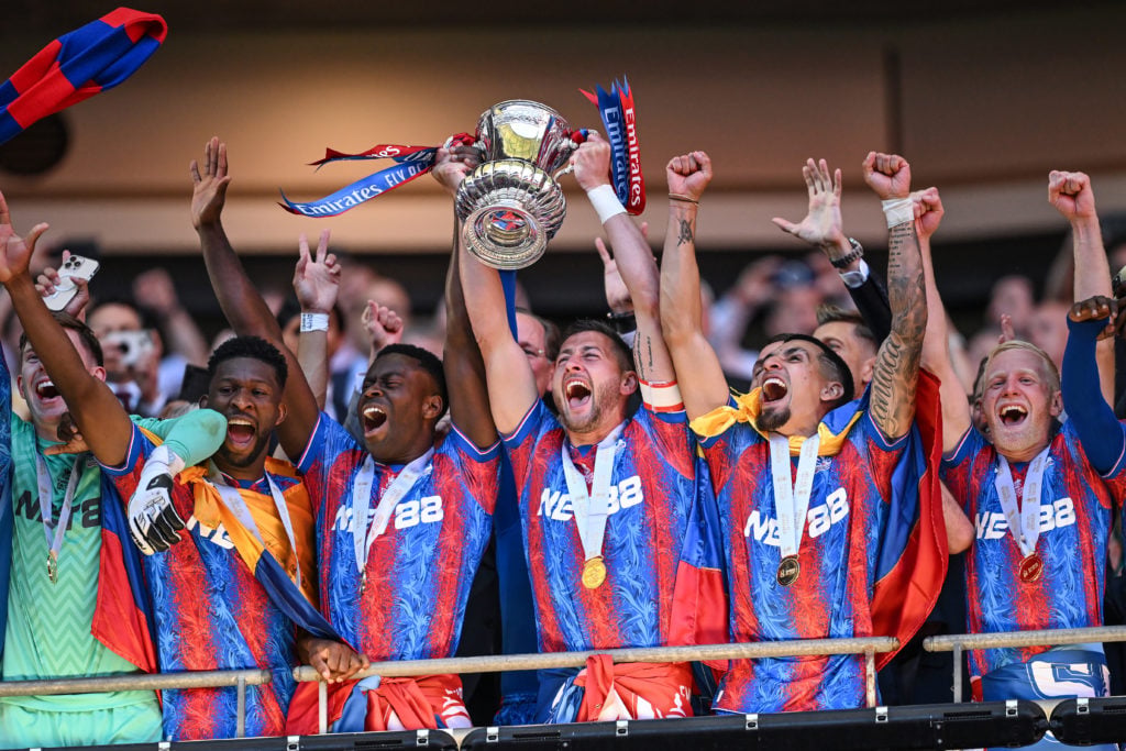 Crystal Palace players celebrate winning the FA Cup at Wembley.