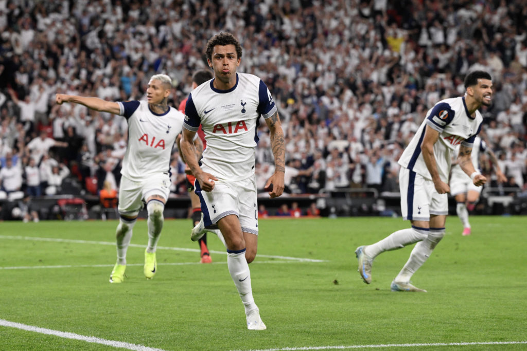 Brennan Johnson celebrates his goal for Tottenham in the Europa League final.