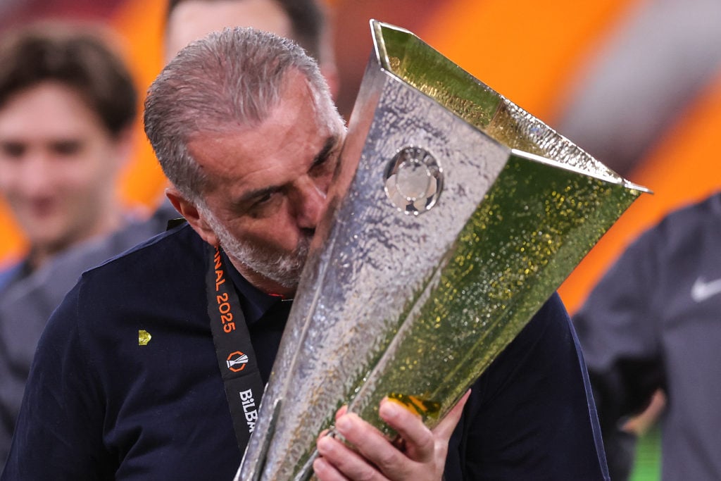 Ange Postecoglou with the Europa League trophy after Tottenham Hotspur v Manchester United - UEFA Europa League Final 2025