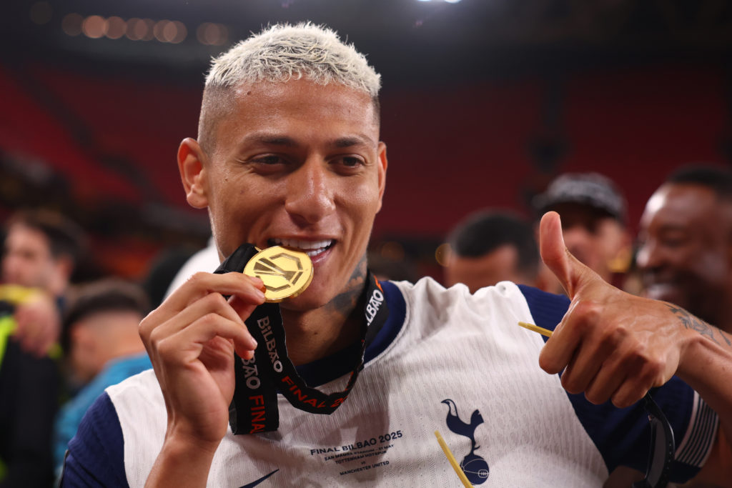 Richarlison with his Europa League winners' medal after Tottenham Hotspur v Manchester United - UEFA Europa League Final 2025