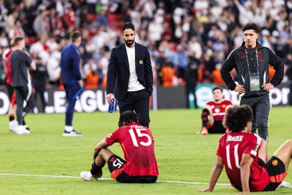 Manchester United Head Coach Ruben Amorim looks dejected being defeated by Tottenham during the UEFA Europa League Final