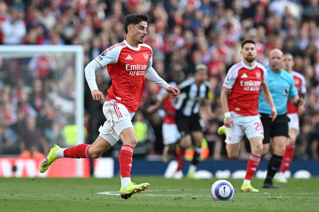 Kai Havertz of Arsenal runs with the ball during the Premier League match between Arsenal FC and Newcastle United FC at Emirates Stadium