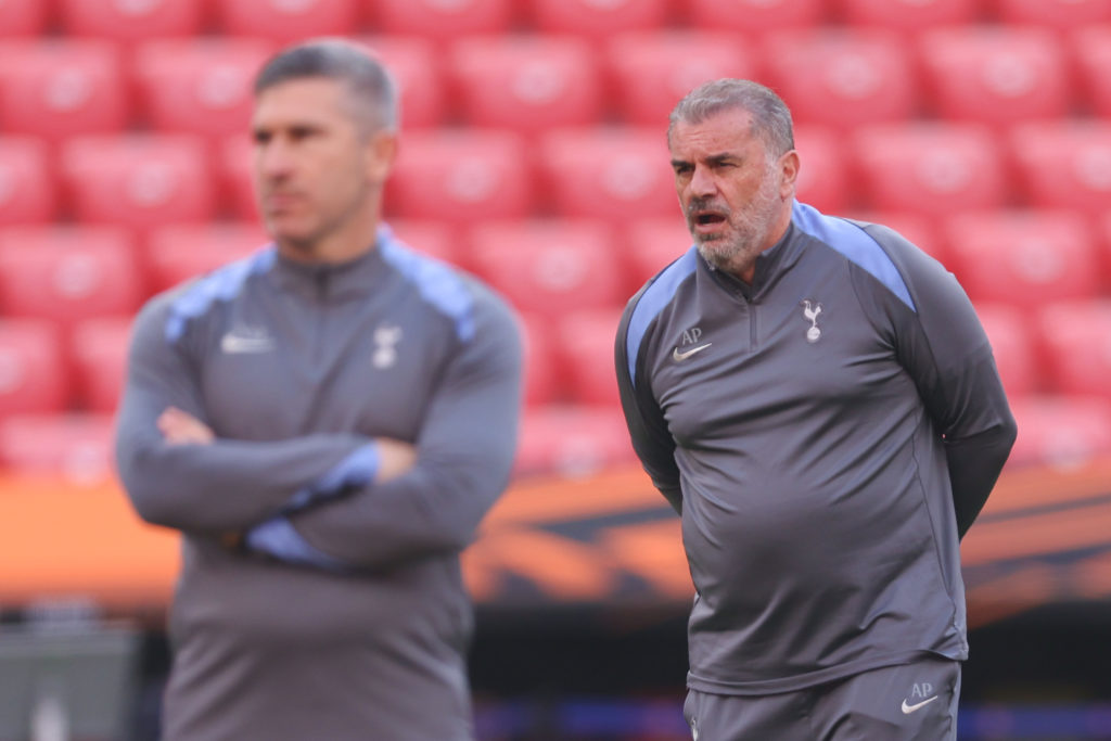 Ange Posteclogu looks on during Tottenham's training session before the Europa League final.