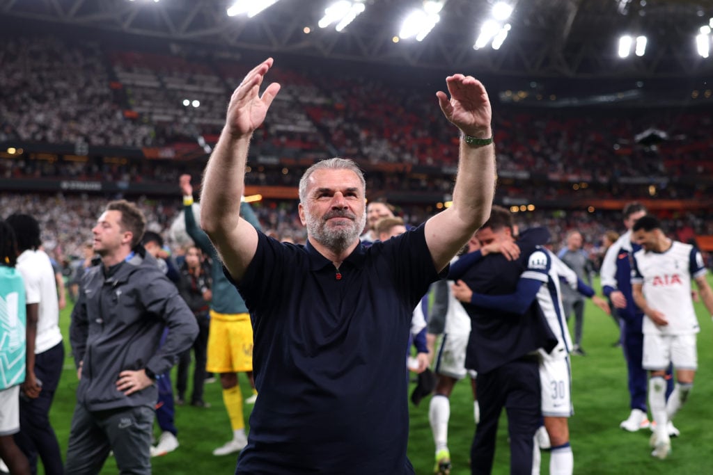 Ange Postecoglou celebrates after Tottenham Hotspur beat Manchester United in the UEFA Europa League Final 2025
