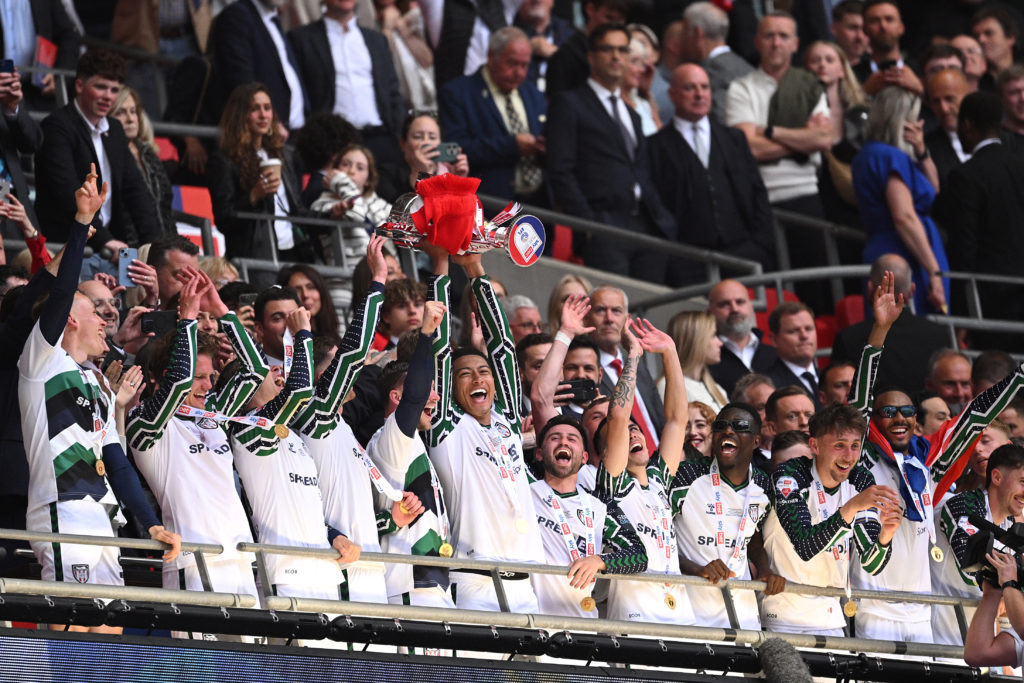 Sunderland players celebrate their Championship playoff final win over Sheffield United