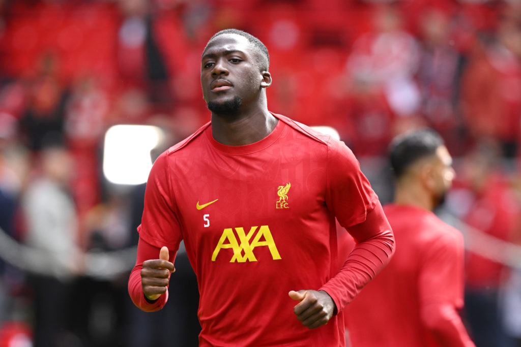 Ibrahima Konate warms up for Liverpool