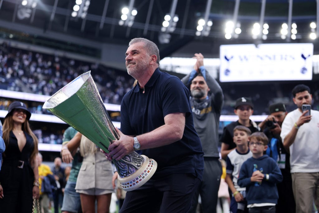 Ange Postecoglou with the Europa League trophy after Tottenham Hotspur FC v Brighton & Hove Albion FC - Premier League