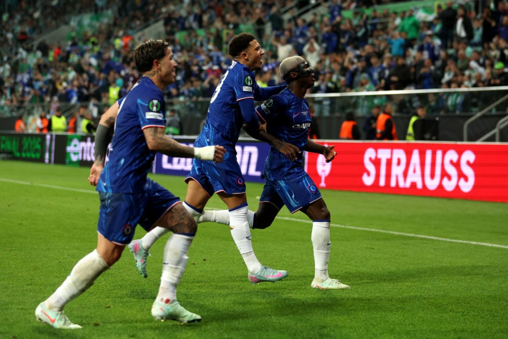 Moises Caicedo of Chelsea celebrates scoring his team's fourth goal with teammates Jadon Sancho and Enzo Fernandez during the UEFA Conference League Final 2025 against Real Betis